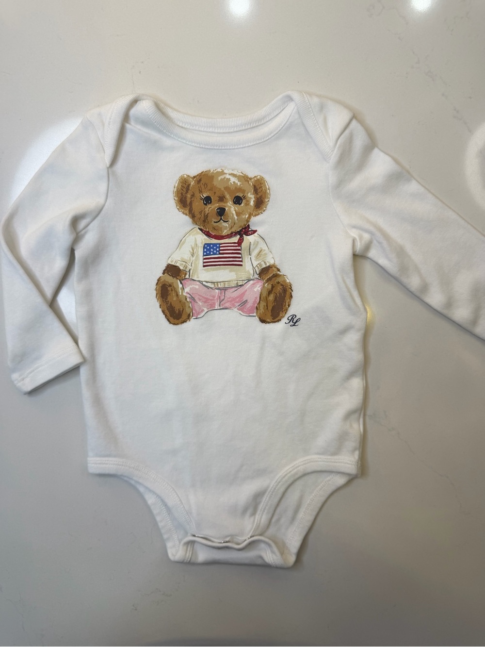 Ralph Lauren Baby 9M Polo Bear American Flag White Long Sleeve Bodysuit